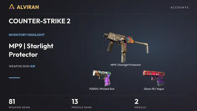 COUNTER-STRIKE 2 · Level 13 · MP9 | Starlight Protector · Field-Tested, P2000 | Wicked Sick · Field-Tested, Glock-18 | Vogue · Field-Tested