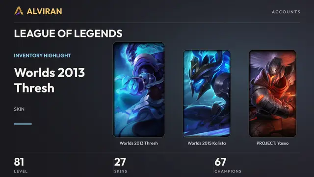 LEAGUE OF LEGENDS · Level 81 · Worlds 2013 Thresh, Worlds 2015 Kalista, PROJECT: Yasuo