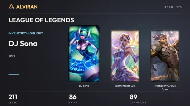 LEAGUE OF LEGENDS · Level 211 · DJ Sona, Elementalist Lux, Prestige PROJECT: Sylas
