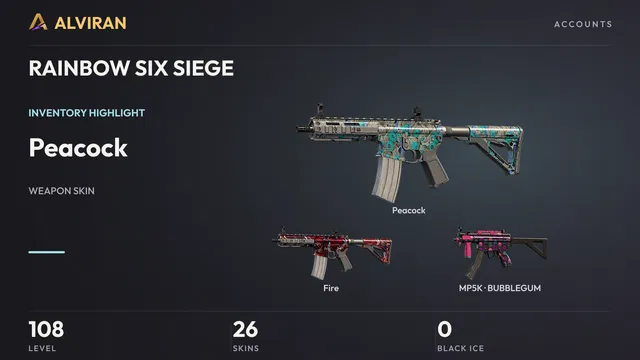 RAINBOW SIX SIEGE · Level 108 · Peacock, Fire, BUBBLEGUM · MP5K