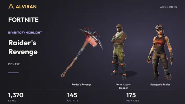 FORTNITE · Level 1370 · Raider's Revenge, Aerial Assault Trooper, Renegade Raider
