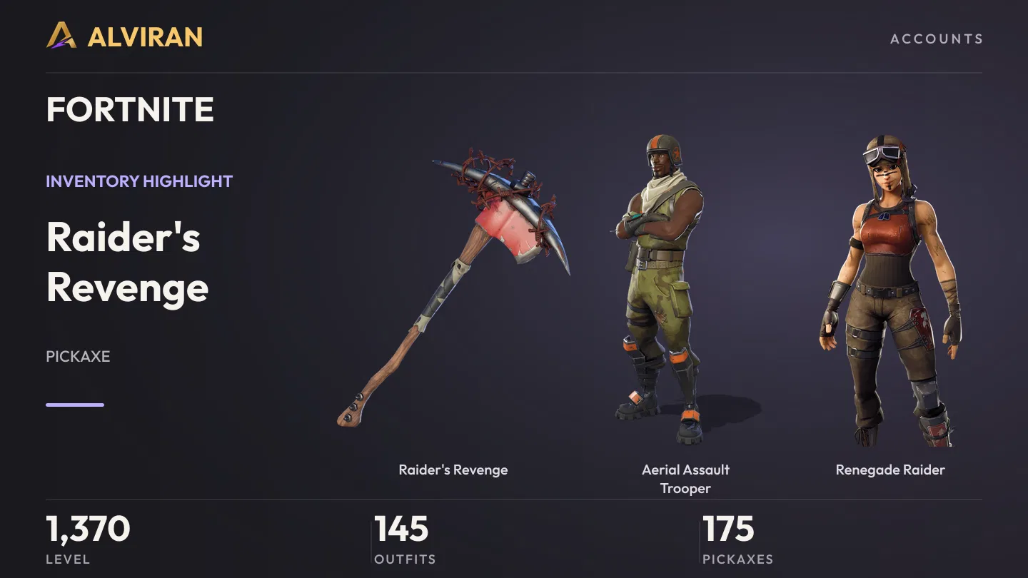 FORTNITE · Level 1370 · Raider's Revenge, Aerial Assault Trooper, Renegade Raider
