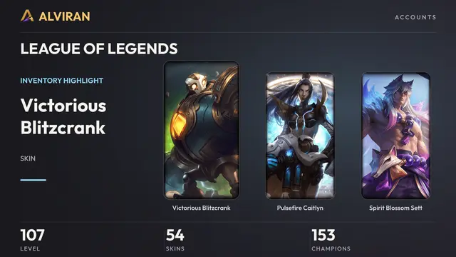 LEAGUE OF LEGENDS · Level 107 · Victorious Blitzcrank, Pulsefire Caitlyn, Spirit Blossom Sett