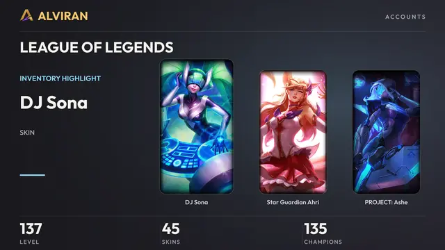 LEAGUE OF LEGENDS · Level 137 · DJ Sona, Star Guardian Ahri, PROJECT: Ashe