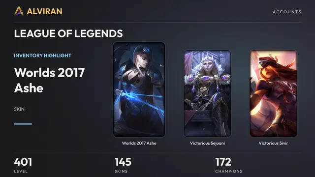 LEAGUE OF LEGENDS · Level 401 · Worlds 2017 Ashe, Victorious Sejuani, Victorious Sivir