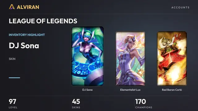 LEAGUE OF LEGENDS · Level 97 · DJ Sona, Elementalist Lux, Red Baron Corki