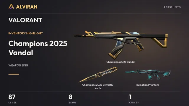 VALORANT · Level 87 · Champions 2025 Vandal, Champions 2025 Butterfly Knife · Melee, Ruination Phantom