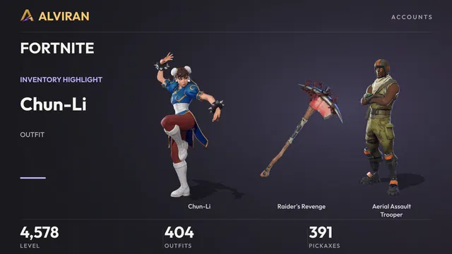 FORTNITE · Level 4578 · Chun-Li, Raider's Revenge, Aerial Assault Trooper