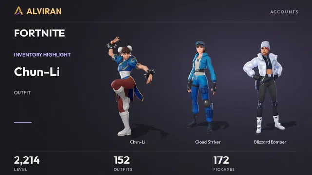 FORTNITE · Level 2214 · Chun-Li, Cloud Striker, Blizzard Bomber