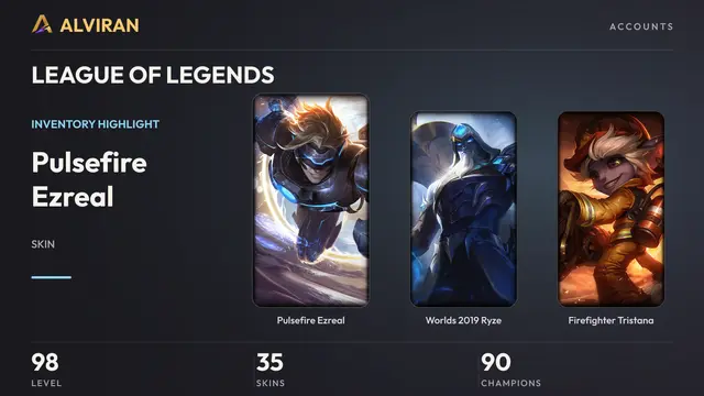 LEAGUE OF LEGENDS · Level 98 · Pulsefire Ezreal, Worlds 2019 Ryze, Firefighter Tristana