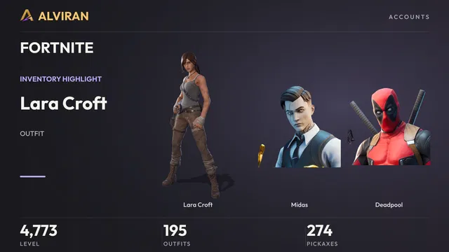 FORTNITE · Level 4773 · Lara Croft, Midas, Deadpool