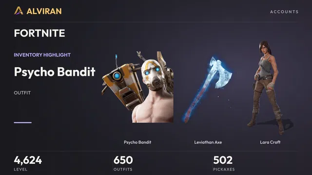FORTNITE · Level 4624 · Psycho Bandit, Leviathan Axe, Lara Croft