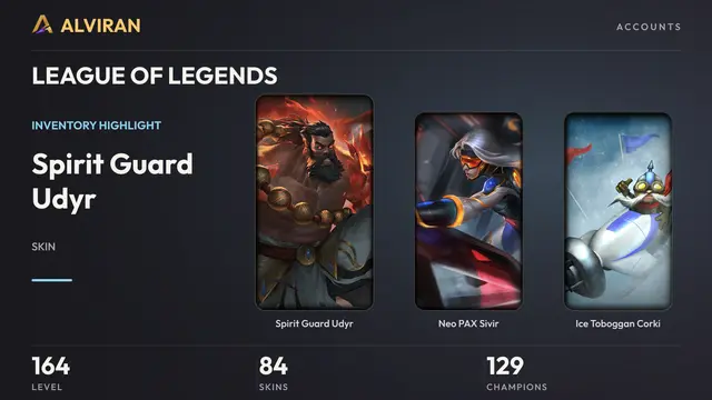 LEAGUE OF LEGENDS · Level 164 · Spirit Guard Udyr, Neo PAX Sivir, Ice Toboggan Corki