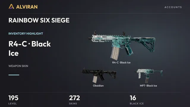 RAINBOW SIX SIEGE · Level 195 · Black Ice · R4-C, Obsidian, Black Ice · MP7