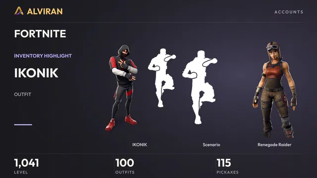 FORTNITE · Level 1041 · IKONIK, Scenario, Renegade Raider