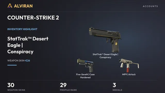 COUNTER-STRIKE 2 · Level 29 · StatTrak™ Desert Eagle | Conspiracy · Minimal Wear, Five-SeveN | Case Hardened · Minimal Wear, MP9 | Airlock · Field-Tested