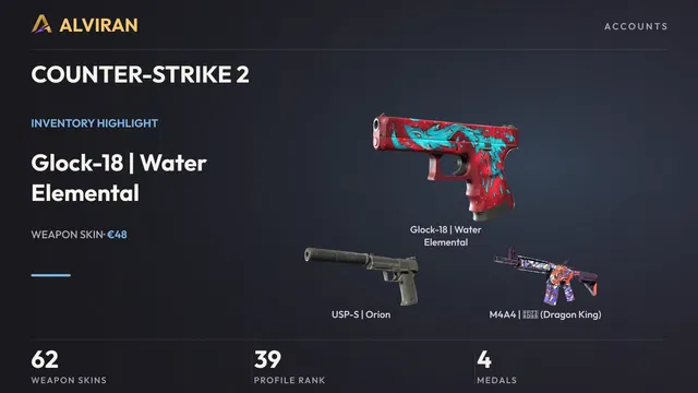 COUNTER-STRIKE 2 · Level 39 · Glock-18 | Water Elemental · Factory New, USP-S | Orion · Minimal Wear, M4A4 | 龍王 (Dragon King) · Minimal Wear
