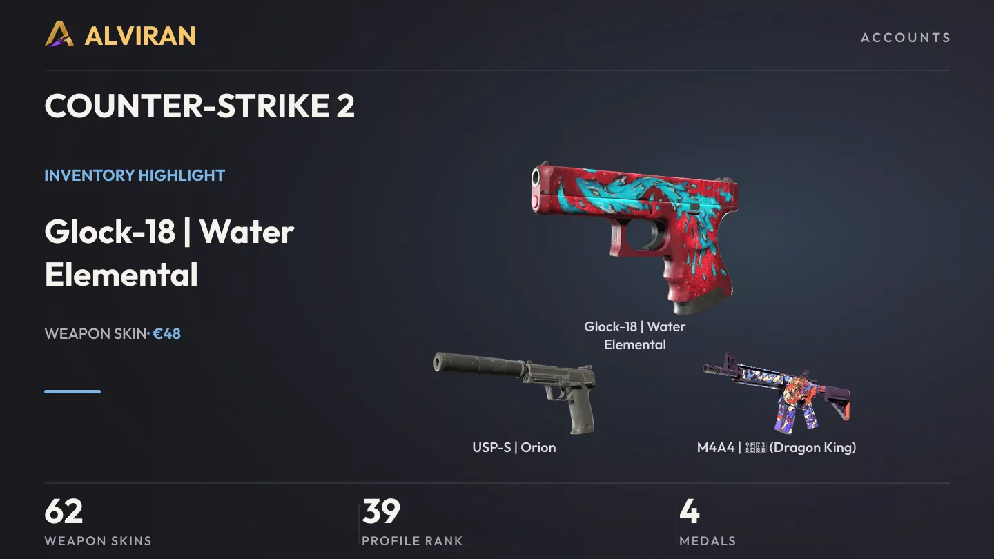 COUNTER-STRIKE 2 · Level 39 · Glock-18 | Water Elemental · Factory New, USP-S | Orion · Minimal Wear, M4A4 | 龍王 (Dragon King) · Minimal Wear