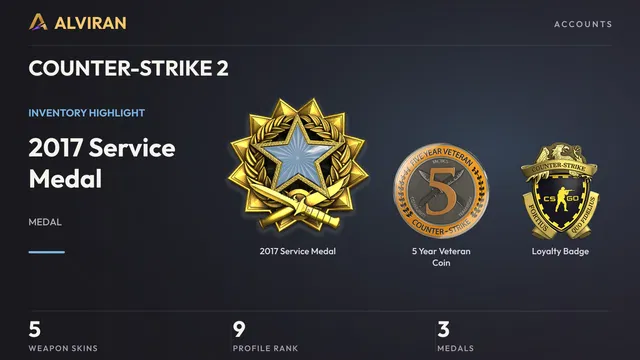 COUNTER-STRIKE 2 · Level 9 · 2017 Service Medal, 5 Year Veteran Coin, Loyalty Badge