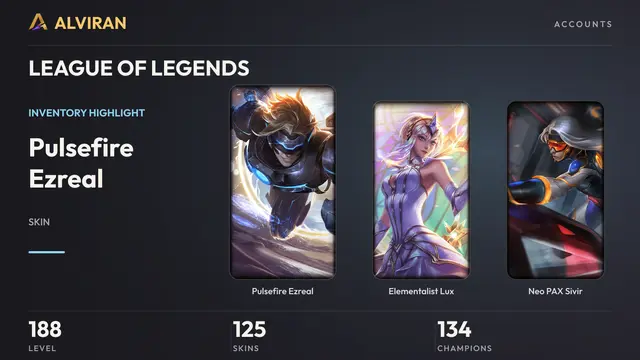 LEAGUE OF LEGENDS · Level 188 · Pulsefire Ezreal, Elementalist Lux, Neo PAX Sivir