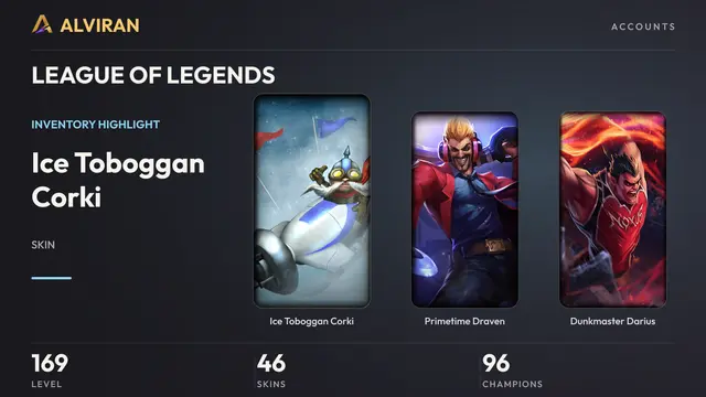 LEAGUE OF LEGENDS · Level 169 · Ice Toboggan Corki, Primetime Draven, Dunkmaster Darius