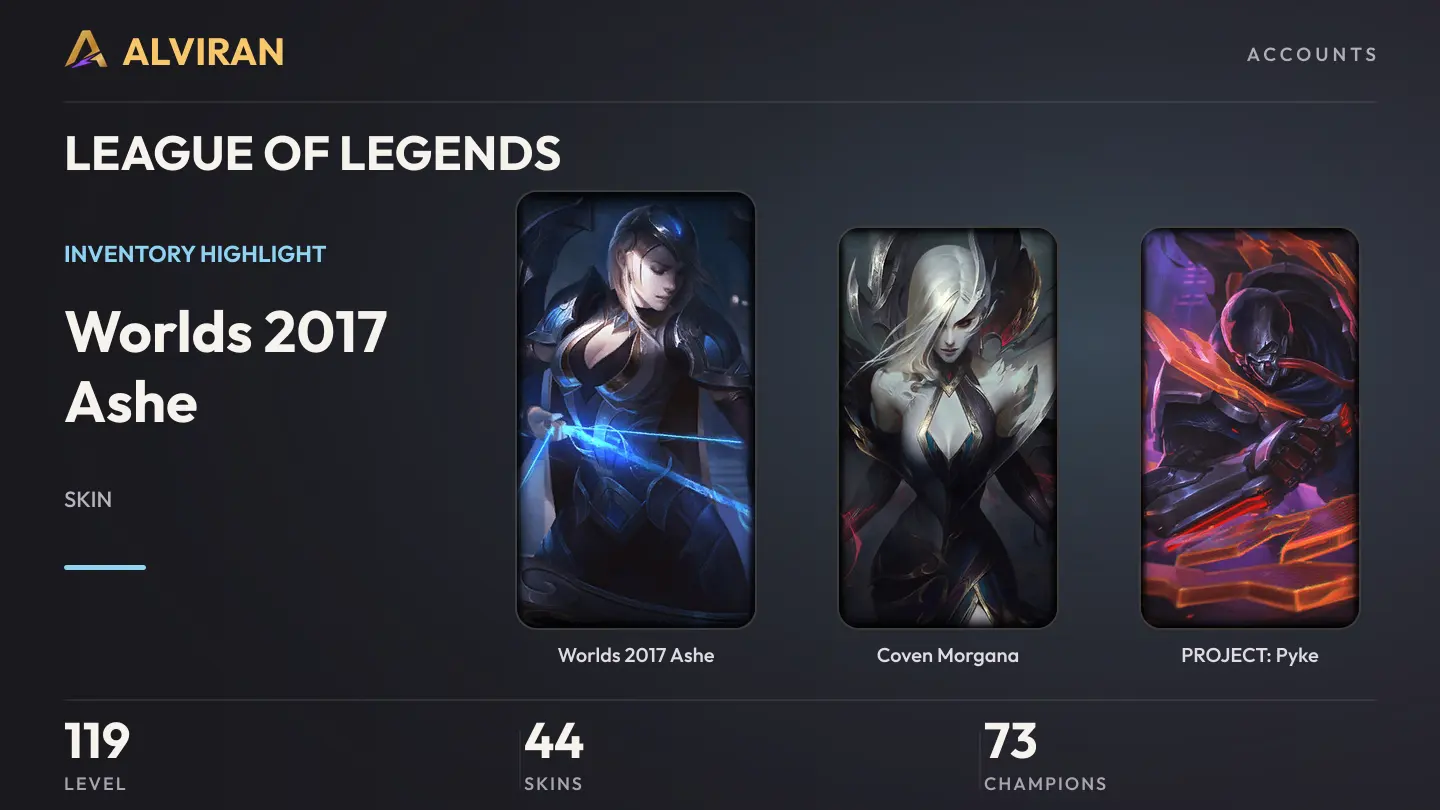 LEAGUE OF LEGENDS · Level 119 · Worlds 2017 Ashe, Coven Morgana, PROJECT: Pyke