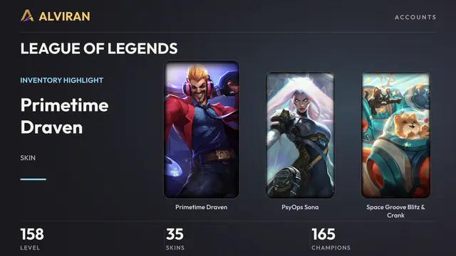 LEAGUE OF LEGENDS · Level 158 · Primetime Draven, PsyOps Sona, Space Groove Blitz & Crank