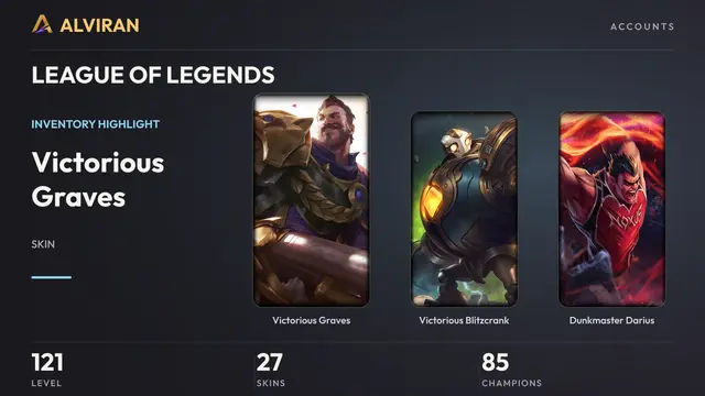LEAGUE OF LEGENDS · Level 121 · Victorious Graves, Victorious Blitzcrank, Dunkmaster Darius