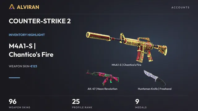 COUNTER-STRIKE 2 · Level 25 · M4A1-S | Chantico's Fire · Field-Tested, AK-47 | Neon Revolution · Field-Tested, Huntsman Knife | Freehand · Minimal Wear