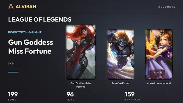 LEAGUE OF LEGENDS · Level 199 · Gun Goddess Miss Fortune, Pulsefire Ezreal, Annie in Wonderland