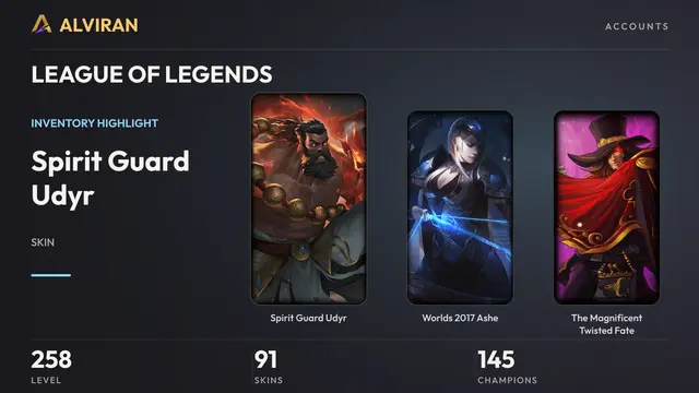LEAGUE OF LEGENDS · Level 258 · Spirit Guard Udyr, Worlds 2017 Ashe, The Magnificent Twisted Fate