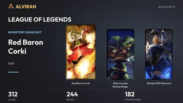 LEAGUE OF LEGENDS · Level 312 · Red Baron Corki, Alien Invader Heimerdinger, Worlds 2014 Shyvana