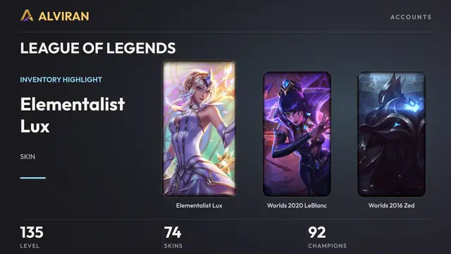 LEAGUE OF LEGENDS · Level 135 · Elementalist Lux, Worlds 2020 LeBlanc, Worlds 2016 Zed