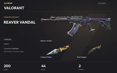 VALORANT · Level 200 · Reaver Vandal, Outpost Melee, Ruin Dagger · Melee