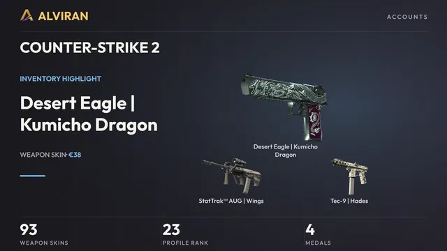 COUNTER-STRIKE 2 · Level 23 · Desert Eagle | Kumicho Dragon · Minimal Wear, StatTrak™ AUG | Wings · Factory New, Tec-9 | Hades · Field-Tested