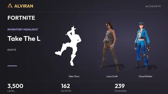 FORTNITE · Level 3500 · Take The L, Lara Croft, Cloud Striker