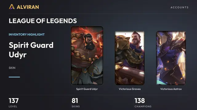 LEAGUE OF LEGENDS · Level 137 · Spirit Guard Udyr, Victorious Graves, Victorious Aatrox