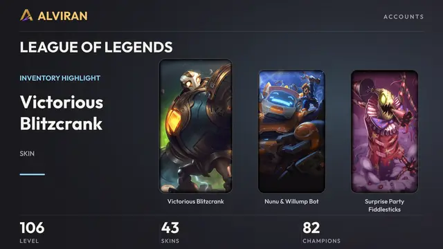 LEAGUE OF LEGENDS · Level 106 · Victorious Blitzcrank, Nunu & Willump Bot, Surprise Party Fiddlesticks