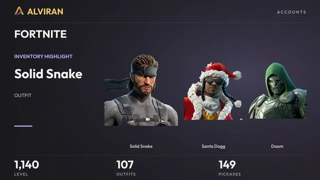 FORTNITE · Level 1140 · Solid Snake, Santa Dogg, Doom