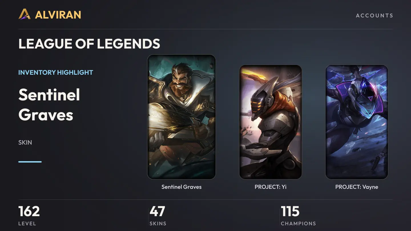 LEAGUE OF LEGENDS · Level 162 · Sentinel Graves, PROJECT: Yi, PROJECT: Vayne