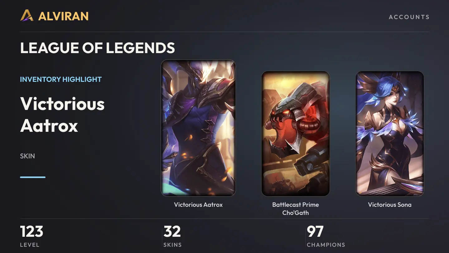 LEAGUE OF LEGENDS · Level 123 · Victorious Aatrox, Battlecast Prime Cho'Gath, Victorious Sona