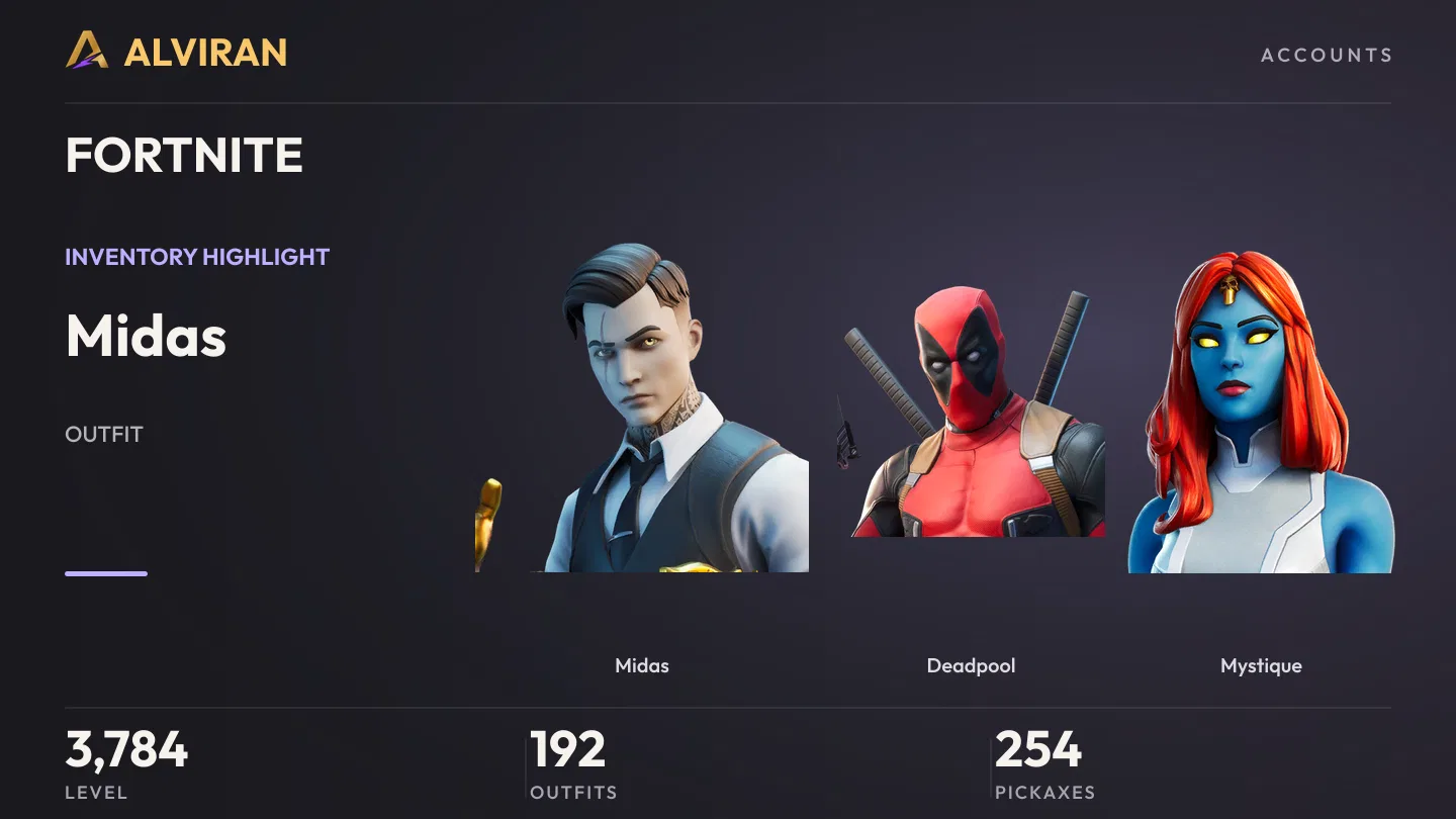 FORTNITE · Level 3784 · Midas, Deadpool, Mystique