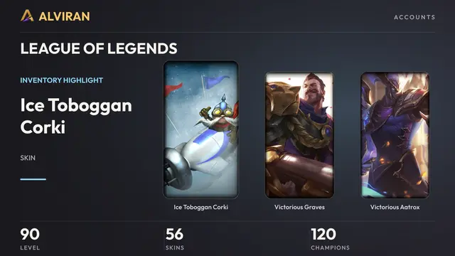 LEAGUE OF LEGENDS · Level 90 · Ice Toboggan Corki, Victorious Graves, Victorious Aatrox