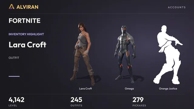 FORTNITE · Level 4142 · Lara Croft, Omega, Orange Justice