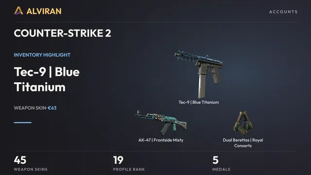 COUNTER-STRIKE 2 · Level 19 · Tec-9 | Blue Titanium · Factory New, AK-47 | Frontside Misty · Battle-Scarred, Dual Berettas | Royal Consorts · Minimal Wear