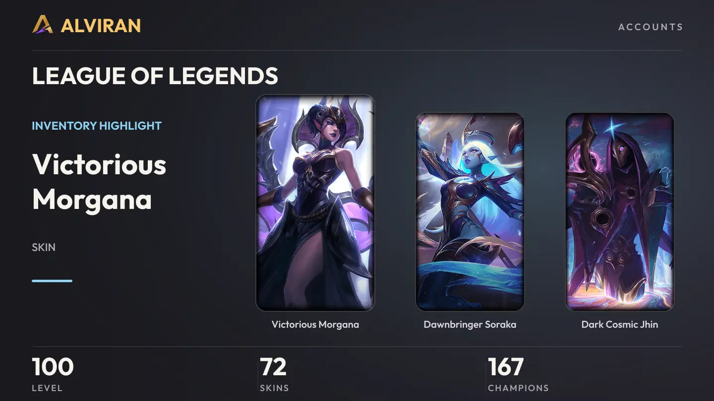 LEAGUE OF LEGENDS · Level 100 · Victorious Morgana, Dawnbringer Soraka, Dark Cosmic Jhin