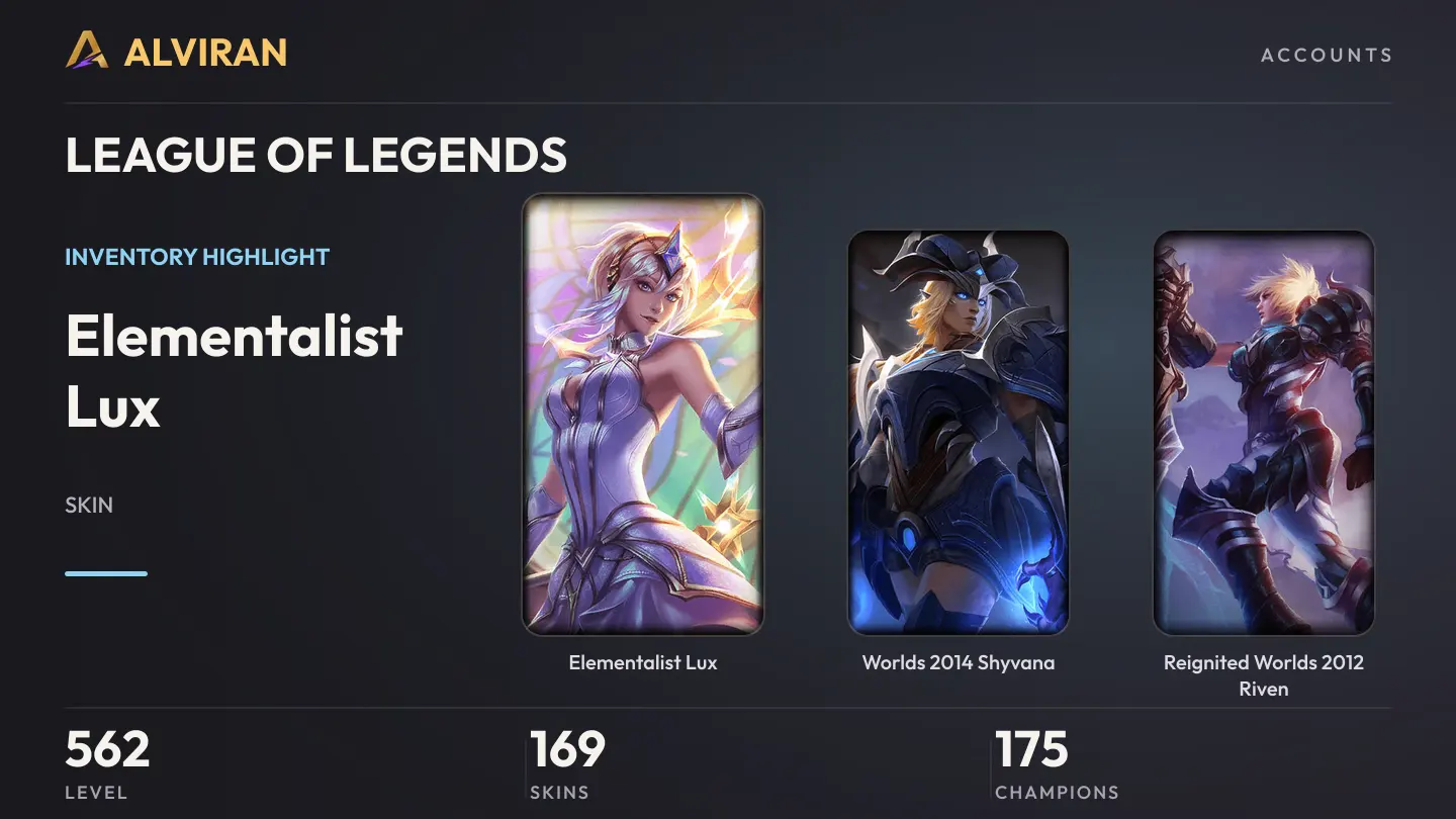 LEAGUE OF LEGENDS · Level 562 · Elementalist Lux, Worlds 2014 Shyvana, Reignited Worlds 2012 Riven