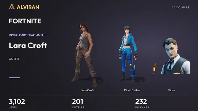 FORTNITE · Level 3102 · Lara Croft, Cloud Striker, Midas