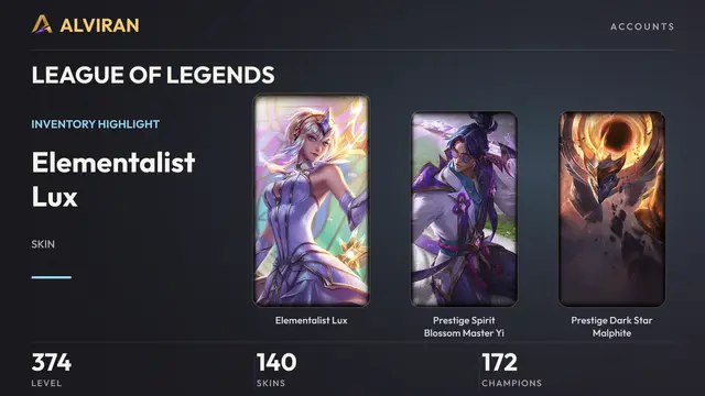 LEAGUE OF LEGENDS · Level 374 · Elementalist Lux, Prestige Spirit Blossom Master Yi, Prestige Dark Star Malphite