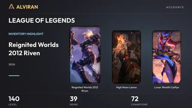 LEAGUE OF LEGENDS · Level 140 · Reignited Worlds 2012 Riven, High Noon Leona, Lunar Wraith Caitlyn
